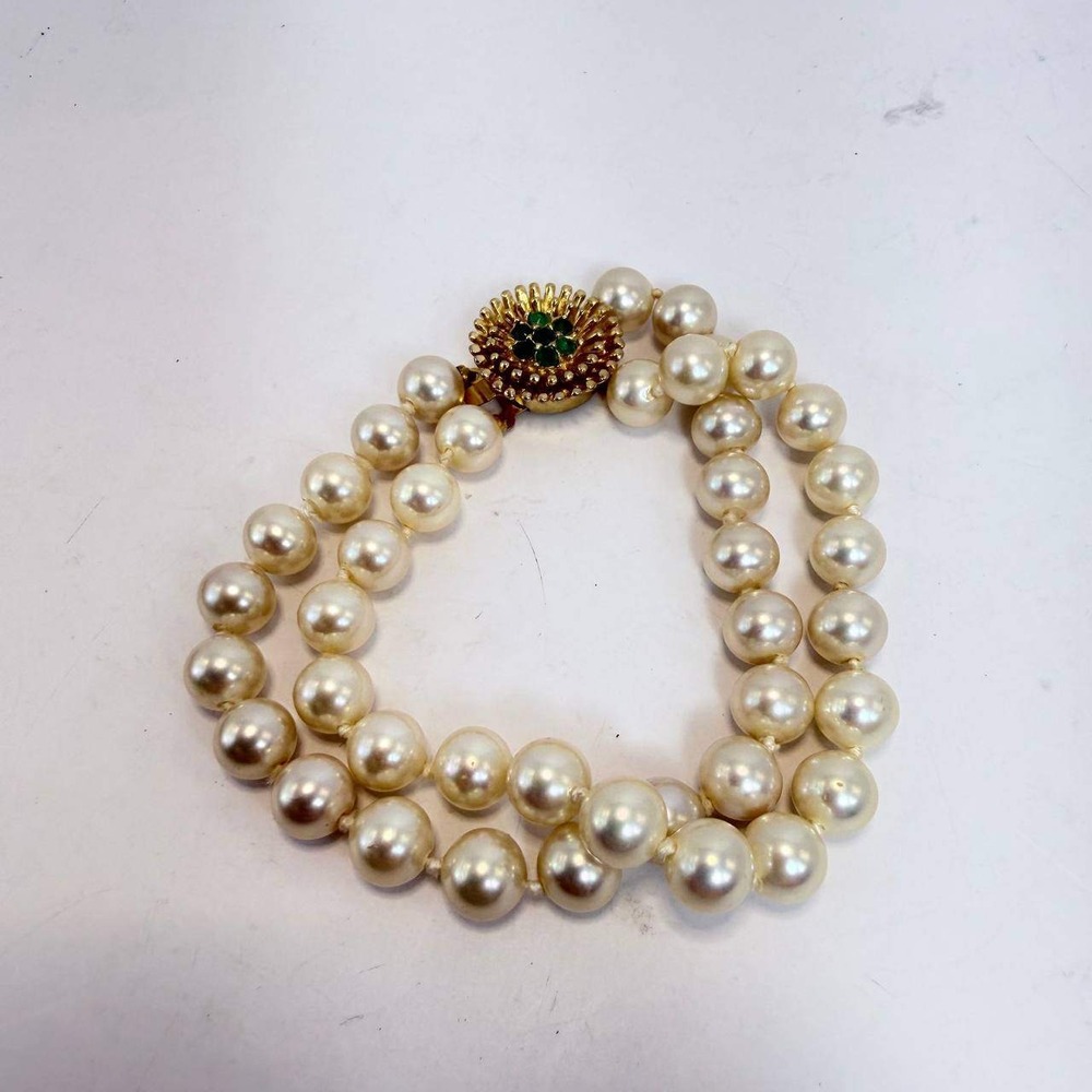 Vintage Double Strand Faux Pearl Necklace Green Rhinestone Sunburst Clasp 16in